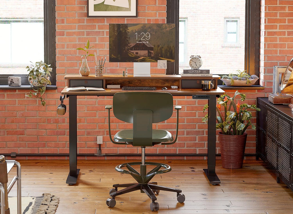 FEZIBO 55''x 24'' Height Adjustable Electric Standing Desk with Double Drawer, Home Office Computer Desk with 4 Height-Adjustable Feets & 2 Hooks, Rustic Brown