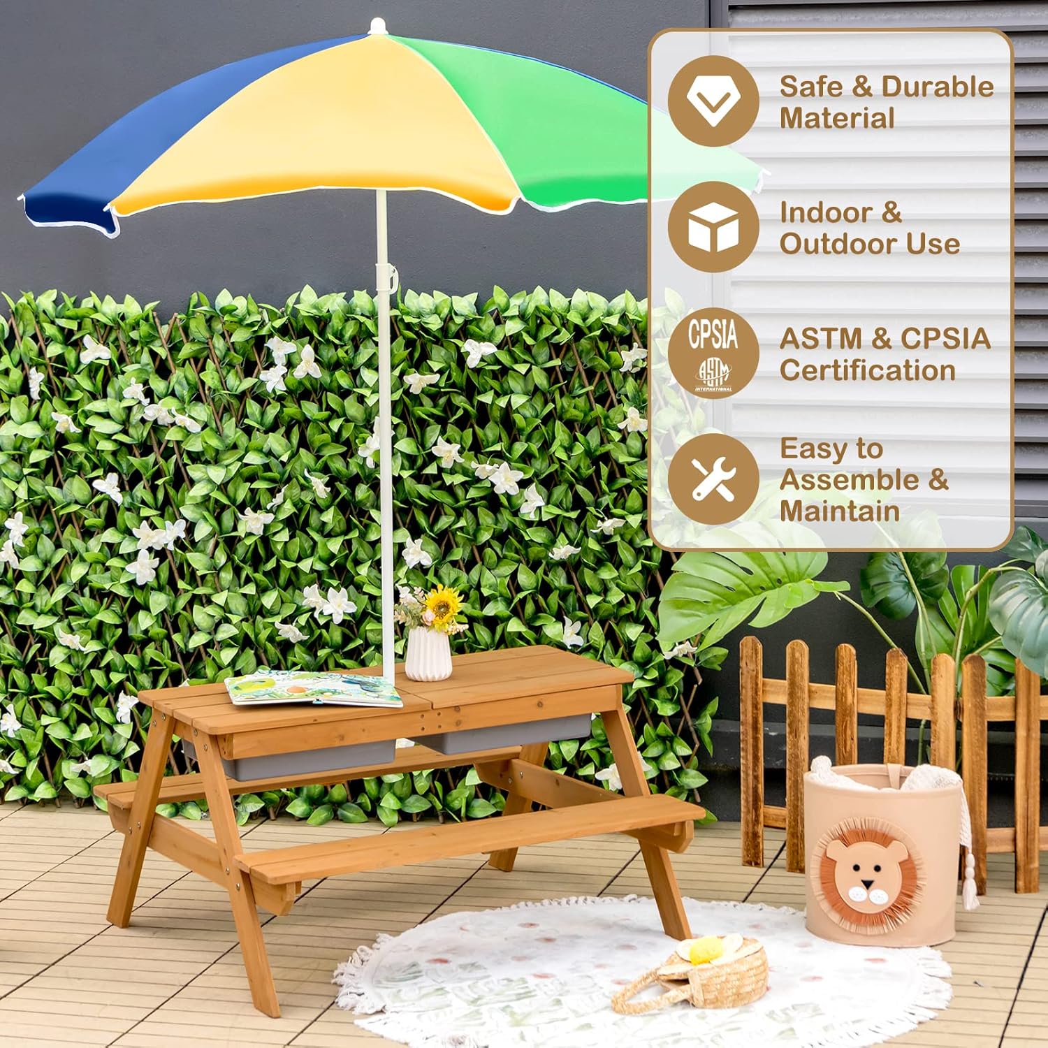 Costzon Kids Picnic Table with Sensory Bins, 4 in 1 Sand and Water Table with Height Adjustable Umbrella, Removable Tabletop, Wooden Kids Outdoor Table for Backyard Patio Play