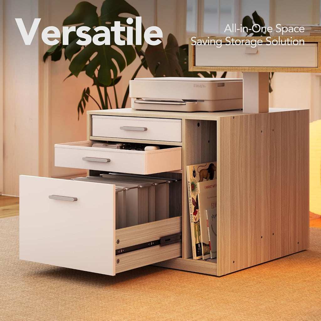HUANUO Electric L Shaped Standing Desk with 2 Storage Drawers & File Cabinet, 63'' x 53'' Height Adjustable Corner Standing Desk, Computer Desk with Cable Management Tray, Light Walnut