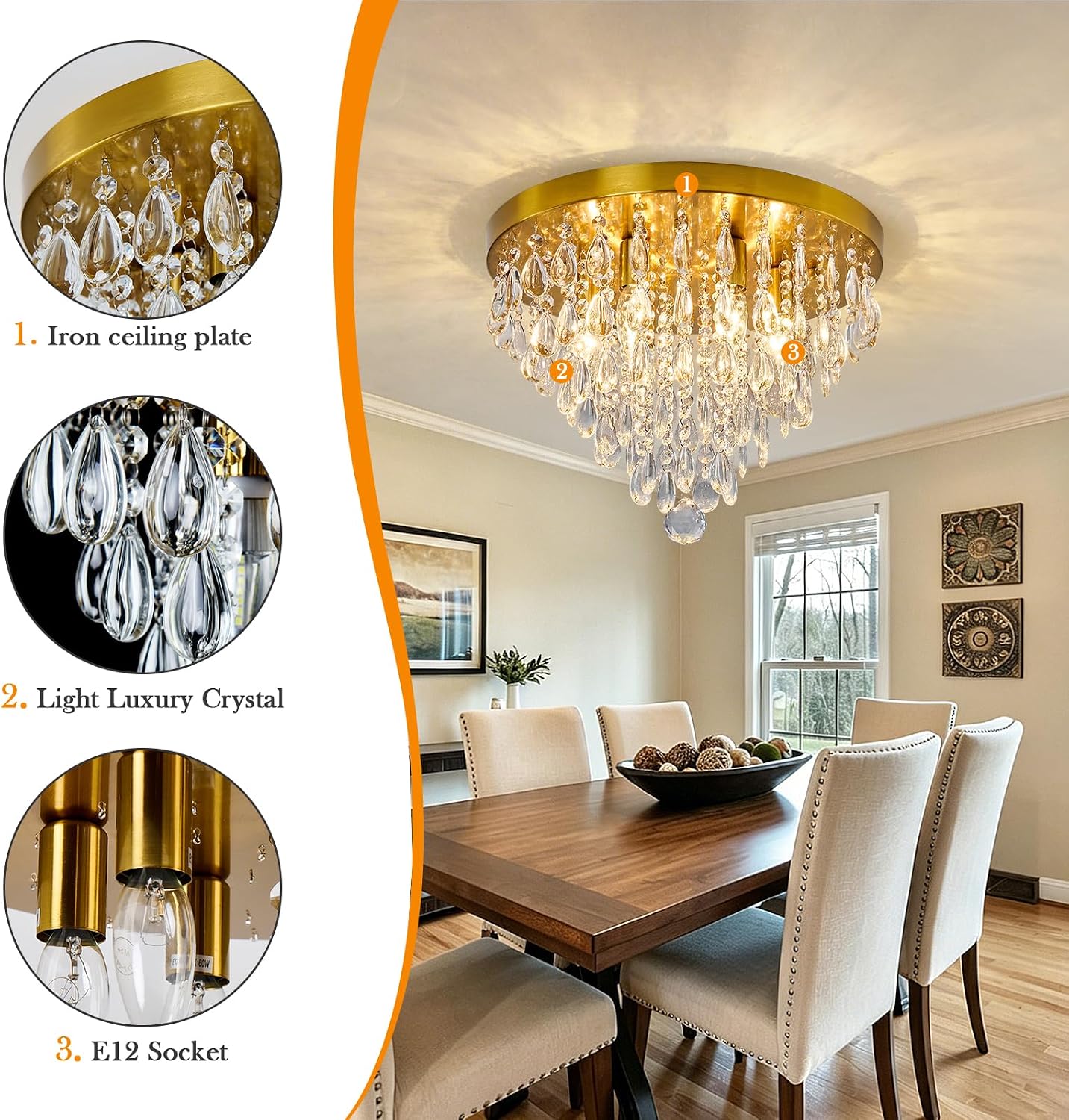 YYJLX Modern Crustal Ceiling Light Fixture Large Flush Mount Ceiling Light 6 Light Ceiling Chandelier for Bedroom Foyer Living Room Dining Room Kitchen.