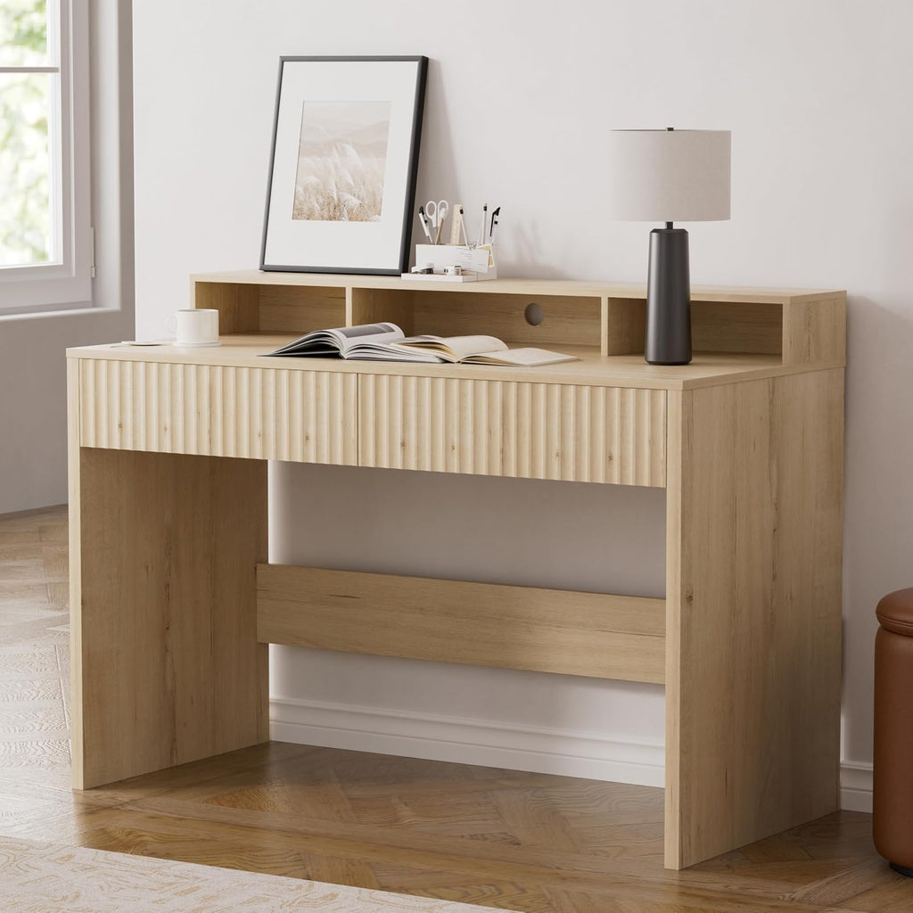 47' Executive Desk with Fluted Drawer, Modern Wood Home Office Desk with Long Monitor Stand and 2 Drawers, Computer Writing Desk for Study Office Vanity, Light Oak