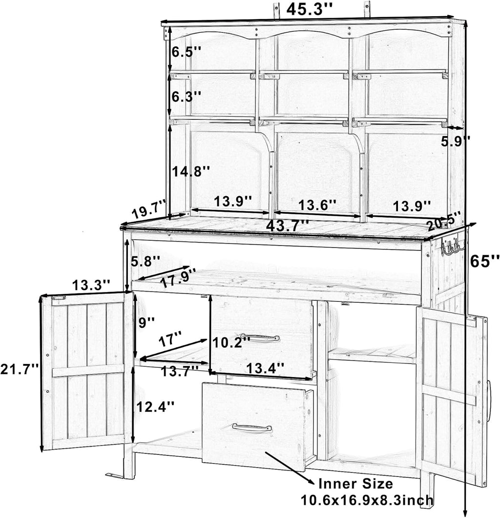 45.3''L Large Fir Wood Potting Bench, Counter Height Outdoor Patio Kitchen Island with Large Countertop, Hutch, Cabinets, Drawers & Hooks, Adjustable Shelf, Wavy Decoration Roof (Brown/103)