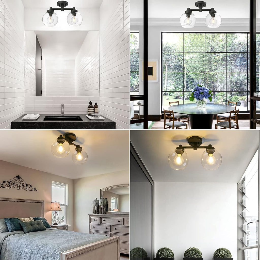 Pathson Glass Ceiling Light Fixtures, 2 Lights Globe Round Ceiling Lighting Lamp, Semi-Flush Mounted Ceiling Lights for Living Room Bathroom Hallway Loft Kitchen