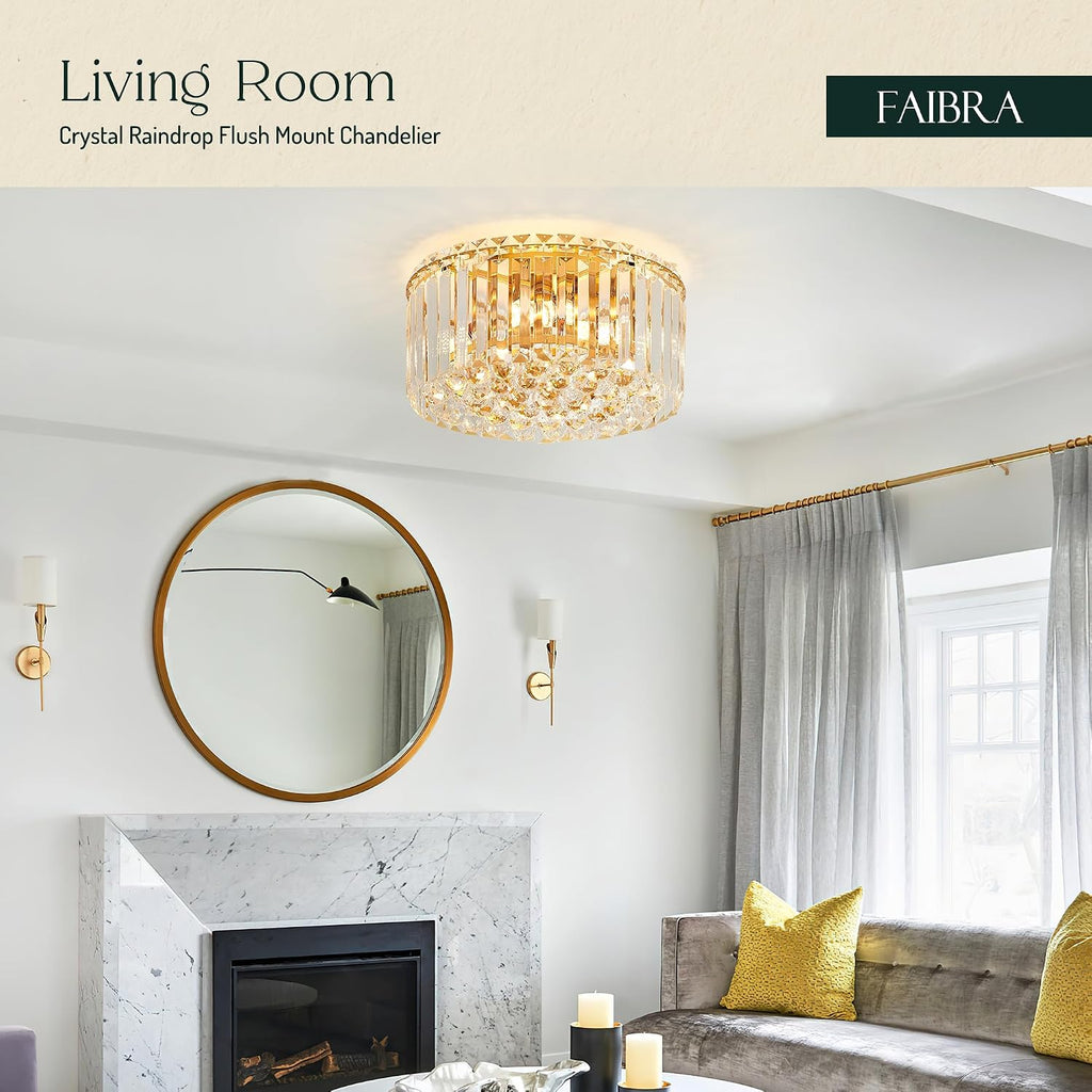 12.6' Gold K9 Crystal Raindrop Flush Mount Ceiling Light, Modern Chandelier, Round Luxury Light Fixture for Dining Room, Bedroom, Hallway, Kitchen Island & Living Room