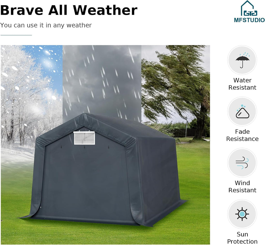 MFSTUDIO 10x15 Portable Carport, Garage Outdoor Portable Storage Shelter Carports with Rolled up Zipper Doors, Garages Sheds Tent for Vehicles, Motorcycle and Outdoor Tools