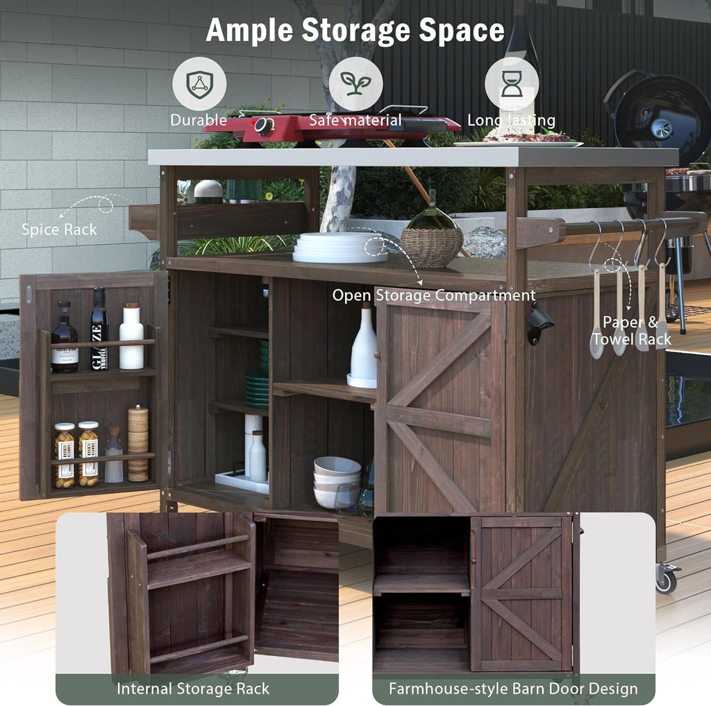 Ball & Cast Outdoor Kitchen Island,Rolling Bar Cart & Storage Cabinet,Farmhouse Solid Wood Outdoor Grill Table with Stainless Steel Top,Spice and Towel Rack,for Kitchen,Barbecue,Dark Brown,50.25'