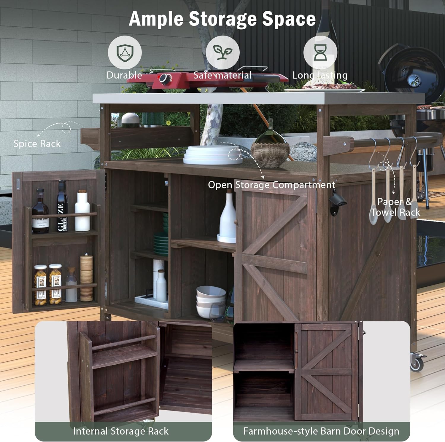 Ball & Cast Outdoor Kitchen Island,Rolling Bar Cart & Storage Cabinet,Farmhouse Solid Wood Outdoor Grill Table with Stainless Steel Top,Spice and Towel Rack,for Kitchen,Barbecue,Dark Brown,50.25'