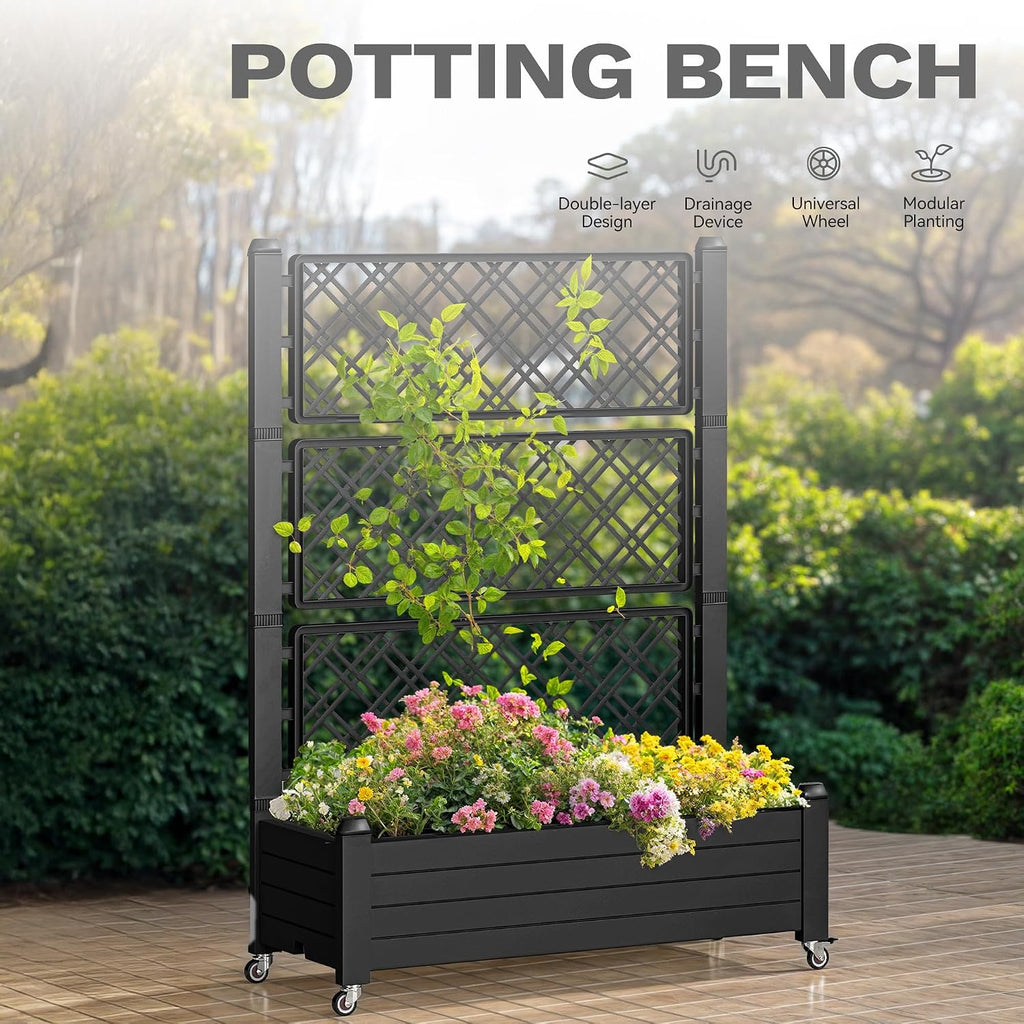 DWVO 3.6 x 1.5 x 5 FT Raised Garden Bed with Trellis, Large Outdoor Planter Trellis Box with Drainage Holes and Wheels for Climbing Plants, Black