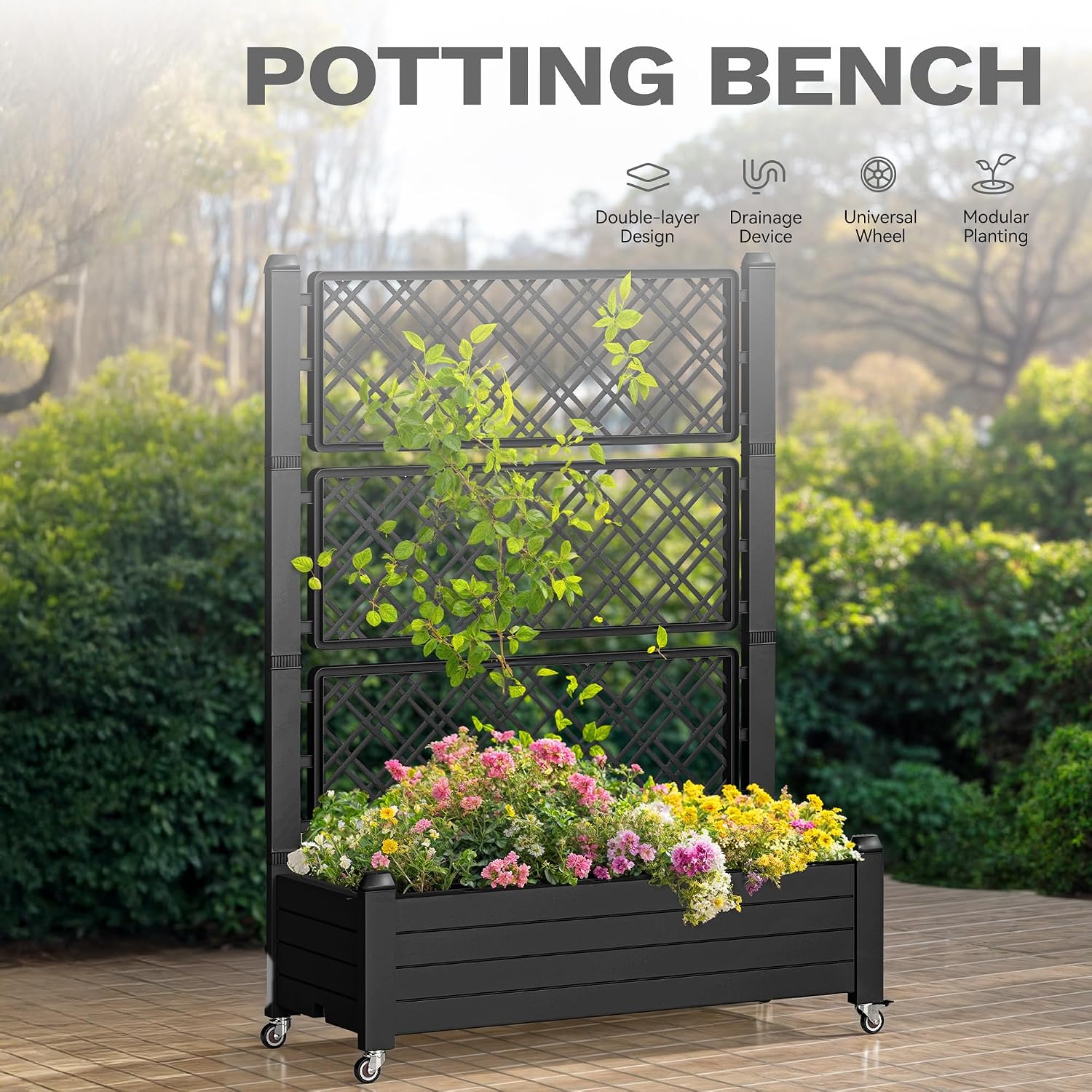 DWVO 3.6 x 1.5 x 5 FT Raised Garden Bed with Trellis, Large Outdoor Planter Trellis Box with Drainage Holes and Wheels for Climbing Plants, Black