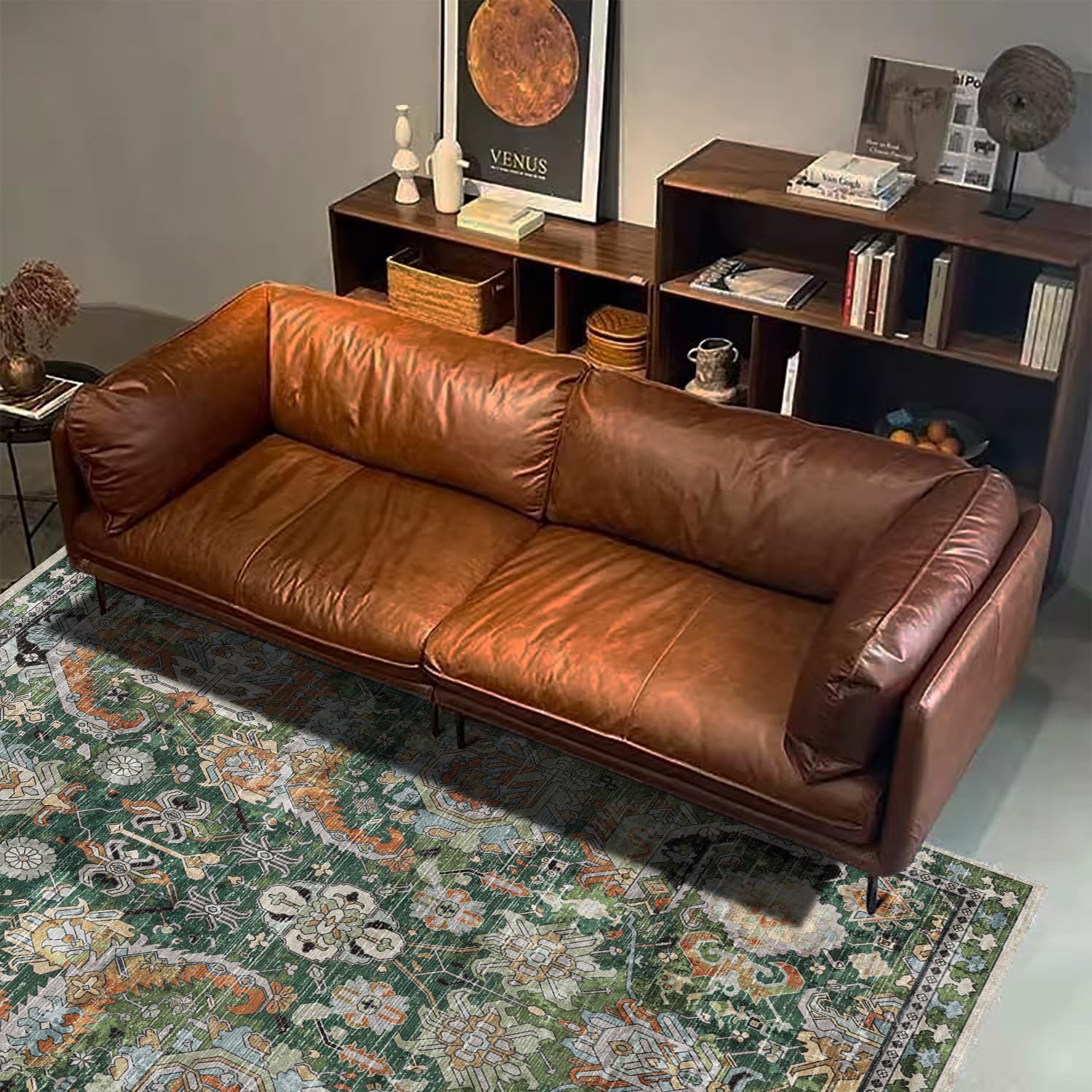RUGSURE Washable Area Rugs - Perfect for Living Room, Bedroom, Kids Room, Nursery - Stain & Water Resistant Non-Slip, Pet & Child Friendly, Vintage Tribal Area Rugs (Green, 9' x 12')
