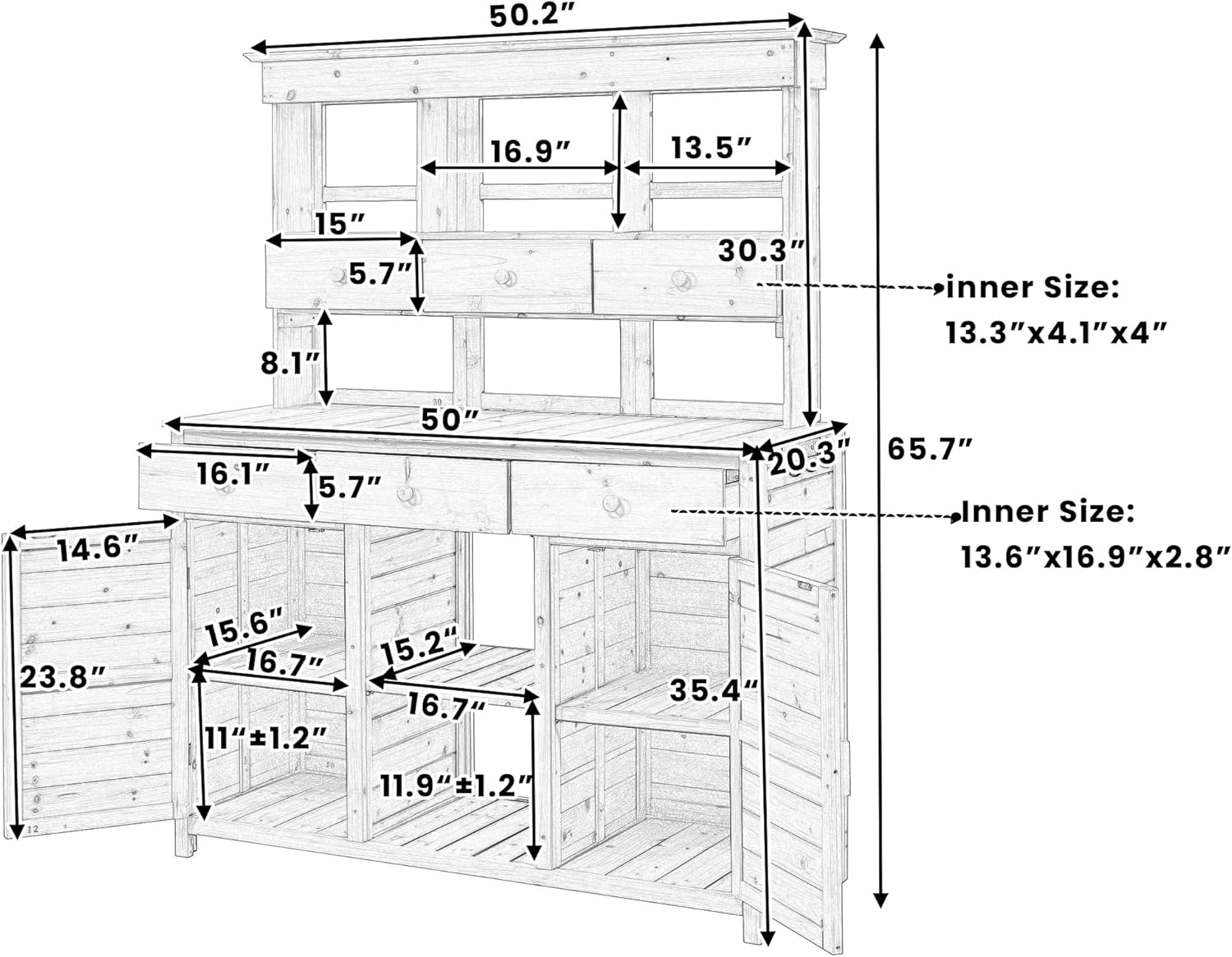 JIVOIT Outdoor Wood Workstation Table, 65.7'' H Tall Garden Potting Bench Table with Hutch, 3 Shelves, 6 Drawers, 2 Bottom Cabinets & Side Hooks, Patio Storage Workstation for Mudroom, Doorway