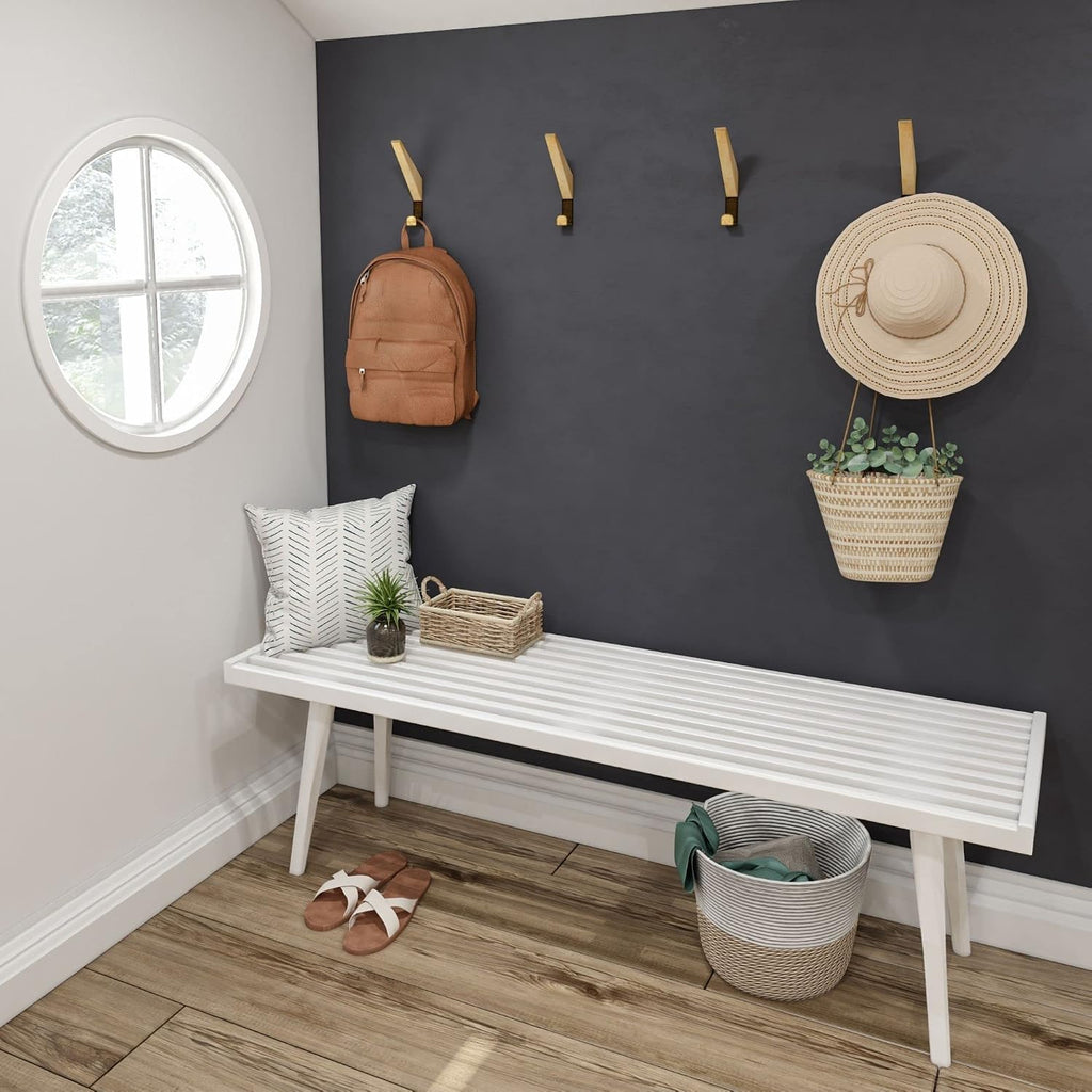 Plank+Beam Entryway Bench, Wooden End of Bed Bench for Bedroom, Mid-Century Modern Square Bench for Hallway, Living Room, Indoor, Porch, 56.25', White