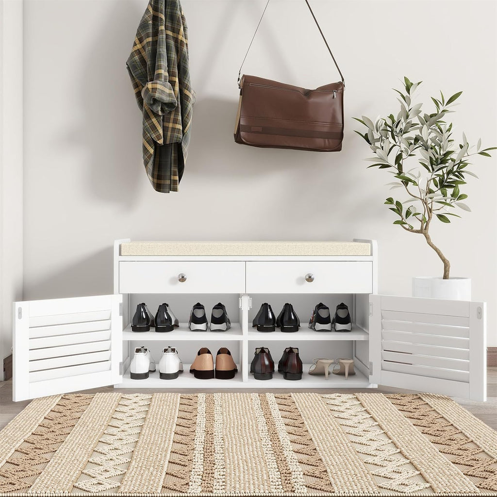 WARMHONIU Shoe Storage Bench with 2 Drawers, Entryway Bench with Cushion, Adjustable Shelves, Shoe Rack Bench with Louvered Doors for Entryway, Bedroom, Hallway, White