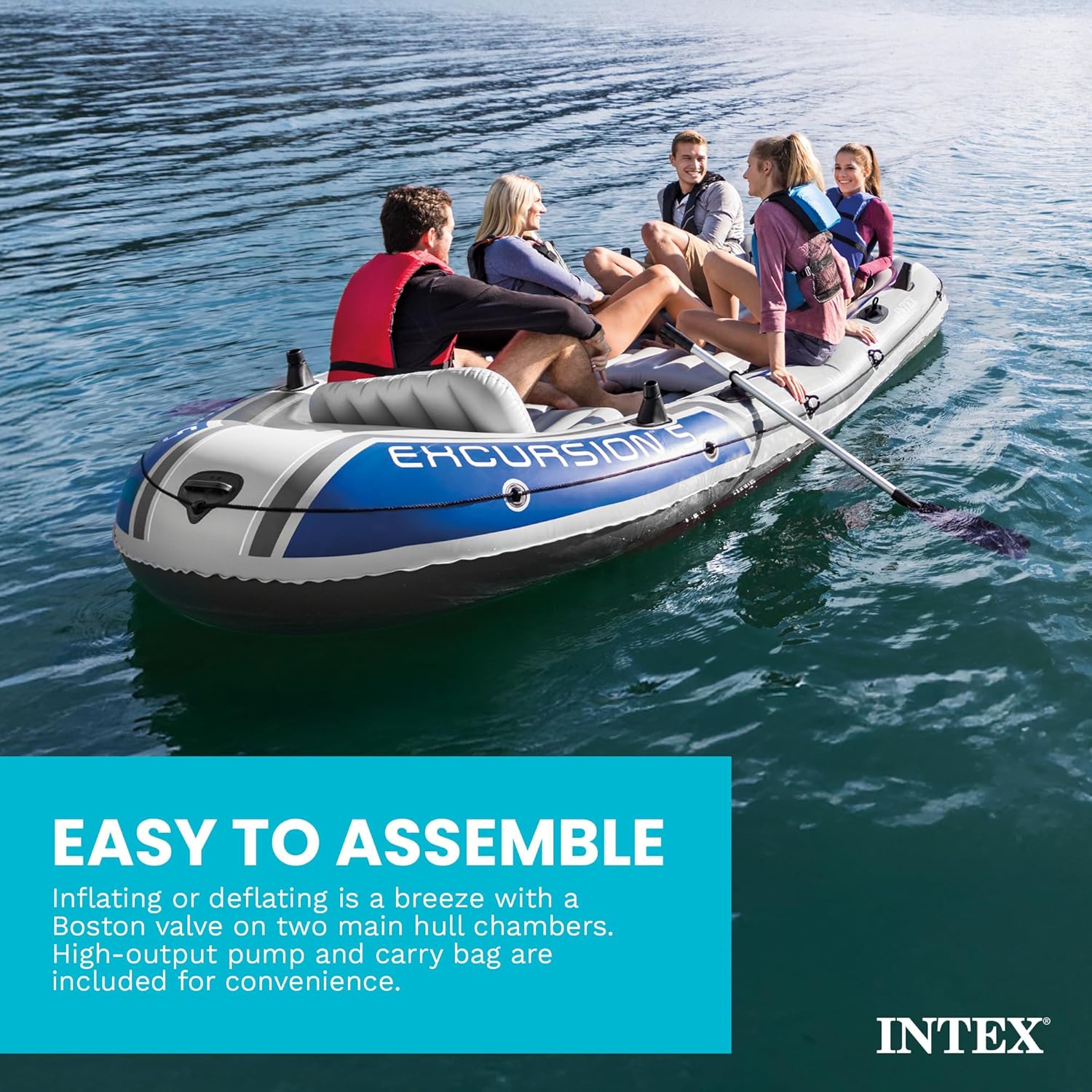 Intex Excursion 5 Person Inflatable Boat, Water Fishing River Raft Set w/ Oars - Large 1,300 Lb Capacity Portable Blow-Up 5 Seater Raft for Adults