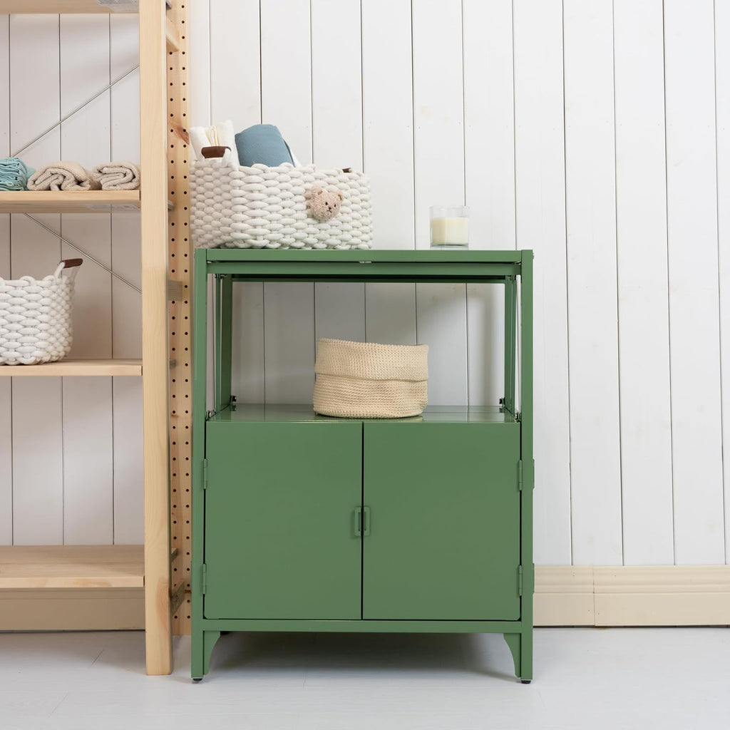 Modern Metal Folding Storage Cabinet, Cream Foldable Sideboard with Shelves, Entryway Console Cabinet Coffee Bar for Patio Outdoor Indoor Living Room Kitchen Bathroom, 5mins Assembly, Green