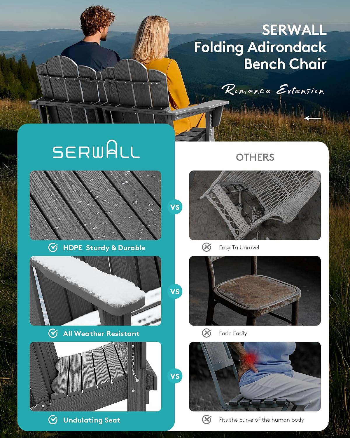 SERWALL Adirondack Bench, HDPE All-Weather Adirondack Loveseat, Outdoor Adirondack Chair for 2, Grey