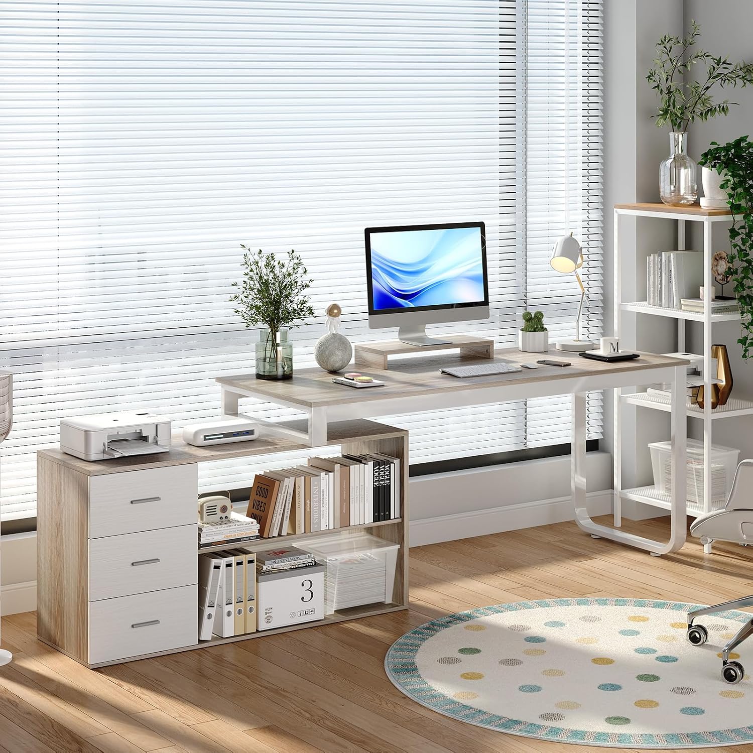HOMBCK L Shaped Desk with Drawers and Shelves, 55' Office Desk with Storage, Removable Monitor Stand, Reversible L Shaped Desk, Corner Desk for Bedroom,Home Office, White & Walnut