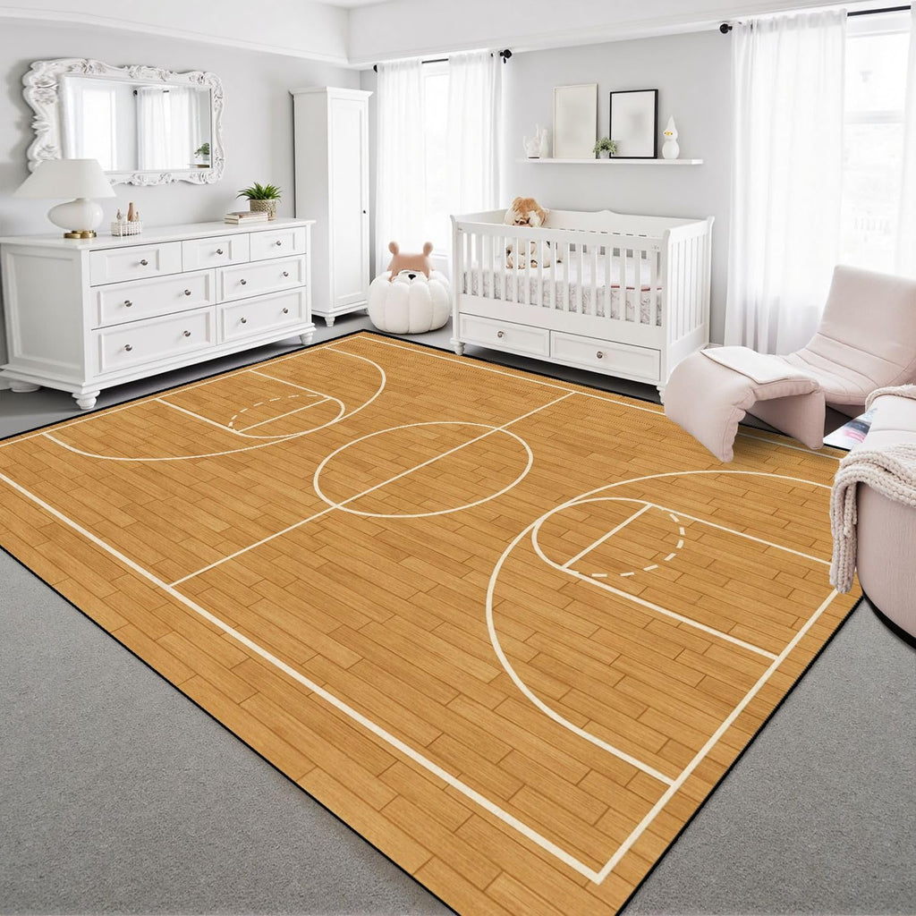 9x12 Area Rugs for Bedroom Boho Washable Rug for Living Room Basketball Court Wooden Flooring White Lines Carpet for Dining Room Soft Rubber Backed Non-Slip Carpets for Bedroom Office