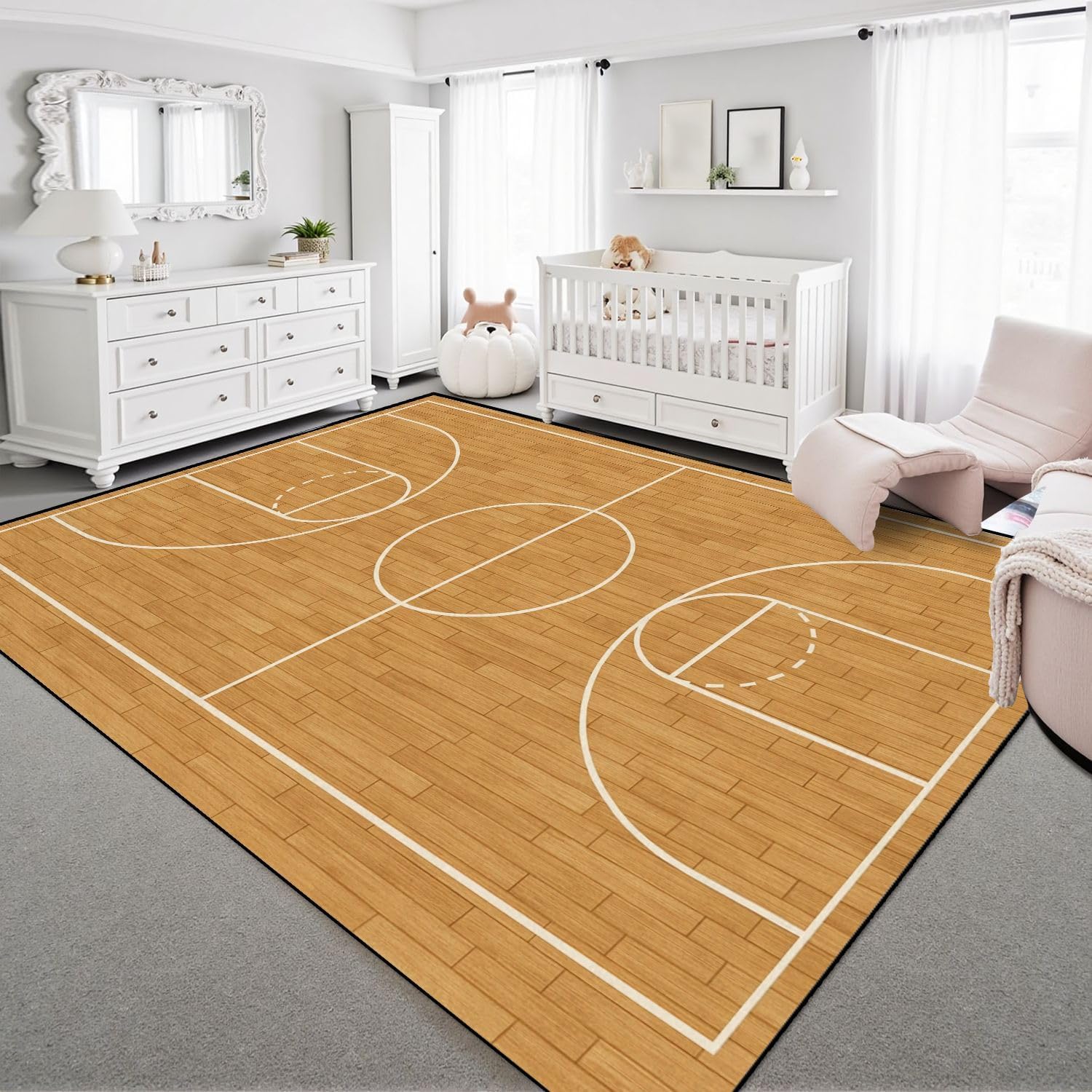9x12 Area Rugs for Bedroom Boho Washable Rug for Living Room Basketball Court Wooden Flooring White Lines Carpet for Dining Room Soft Rubber Backed Non-Slip Carpets for Bedroom Office