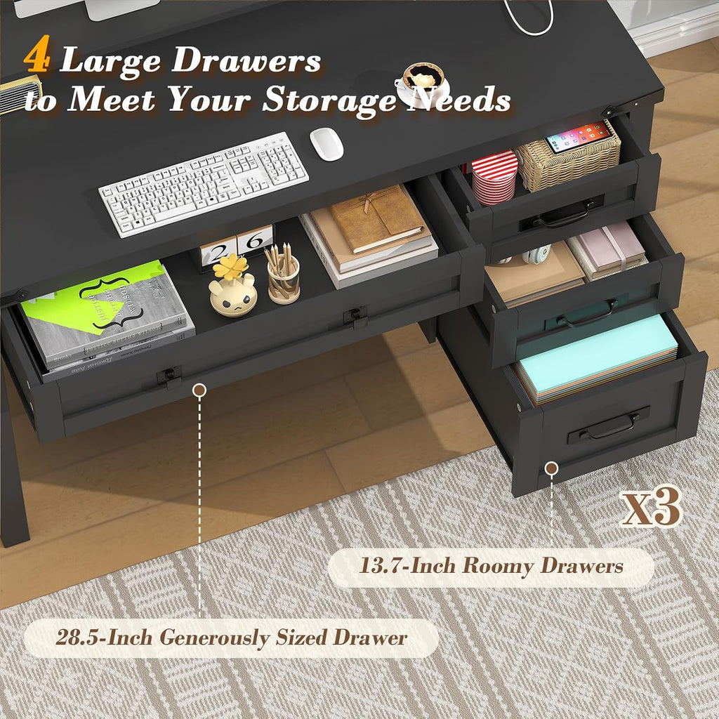 YOMILUVE Farmhouse Computer Desk with Drawers, 47' Small Computer Desk with Power Outlets, Home Office Desk with Monitor Stand & 4 Drawers, Writing Study Table, Black