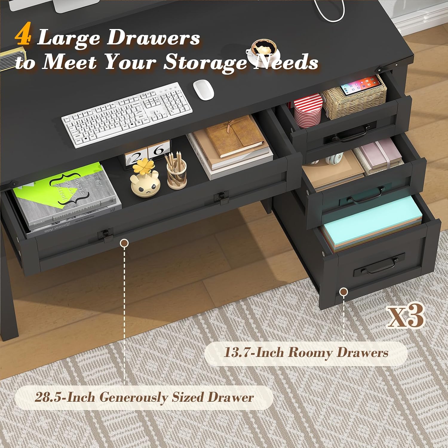 YOMILUVE Farmhouse Computer Desk with Drawers, 47' Small Computer Desk with Power Outlets, Home Office Desk with Monitor Stand & 4 Drawers, Writing Study Table, Black