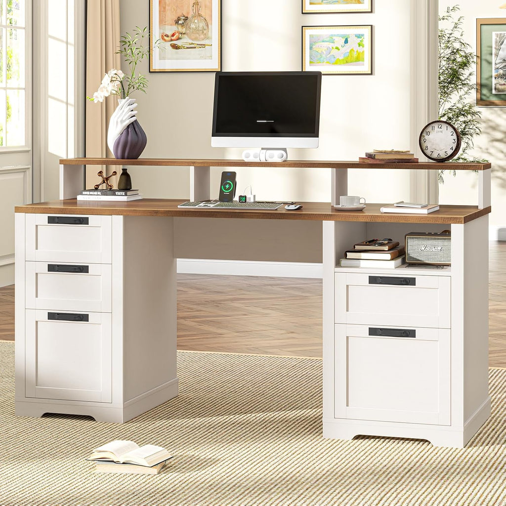 Vabches 61' Farmhouse Executive Desk with LED Lights and Power Outlets,Computer Desk with Monitor Stand & File Drawers,Large Workspace with Storage Drawers for Home Office,Study,White