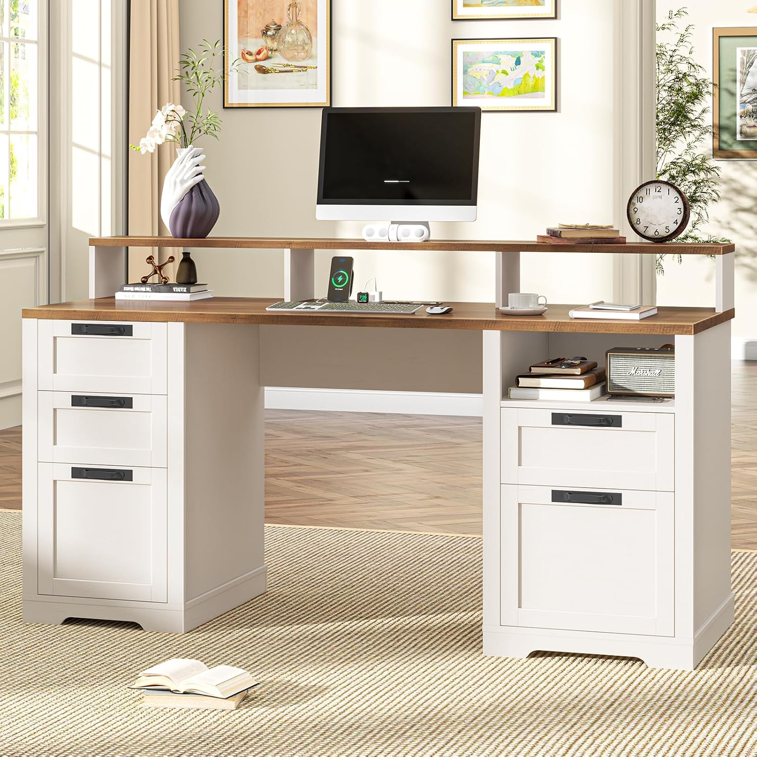 Vabches 61' Farmhouse Executive Desk with LED Lights and Power Outlets,Computer Desk with Monitor Stand & File Drawers,Large Workspace with Storage Drawers for Home Office,Study,White