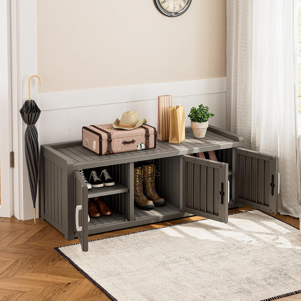 Bifanuo Shoe Storage Cabinet, 3 Door Outdoor Storage Bench with Adjustable Shelves, Waterproof UV-Resistant for Hallway, Living Room, Entryway, Large Capacity Modern Organizer (Grey)