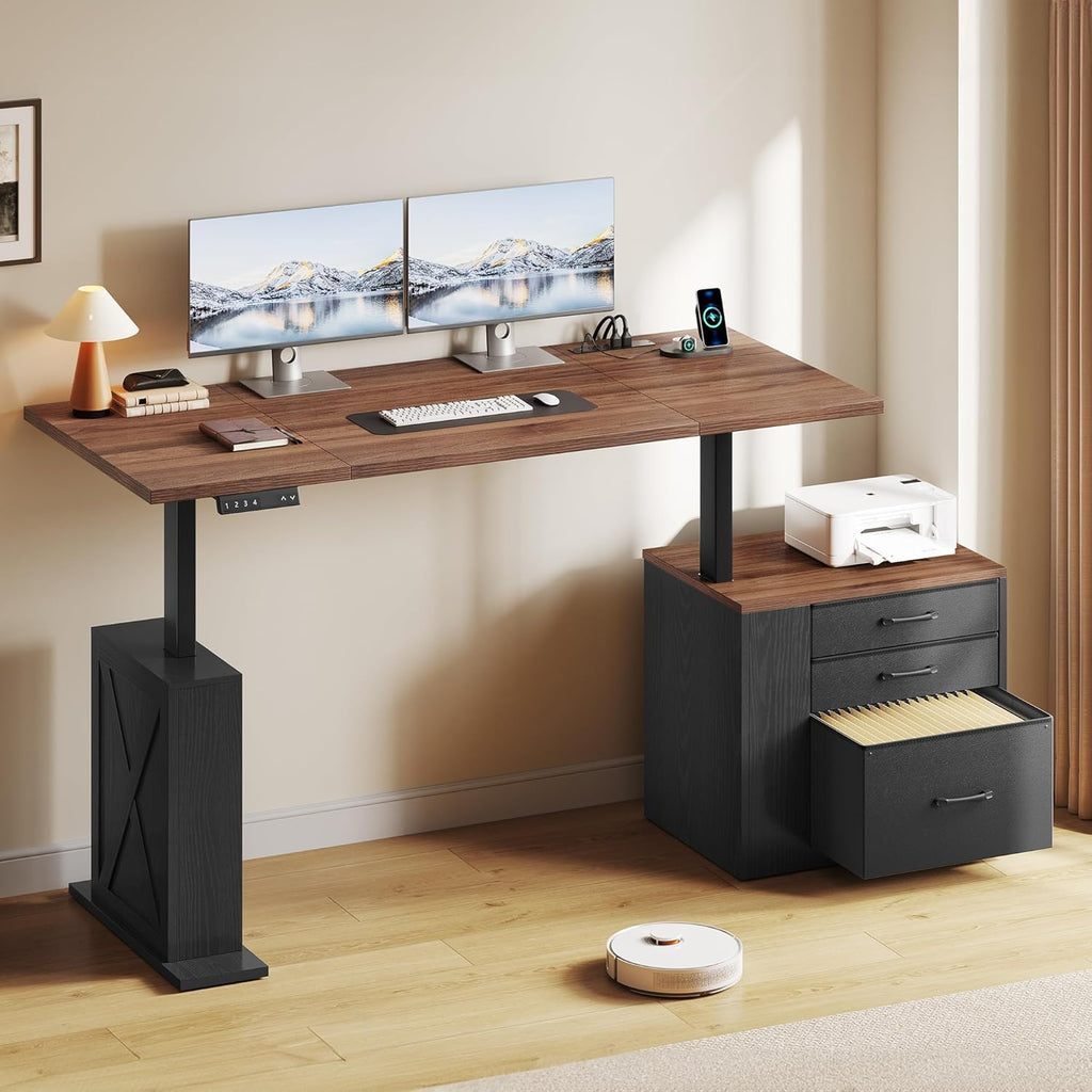 75.5 Inches Electric Standing Desk with Drawers Farmhouse Sit Stand Desk with Storage Adjustable Height Computer Desk with Power Outlets Printer Space for Home Office Black and Walnut