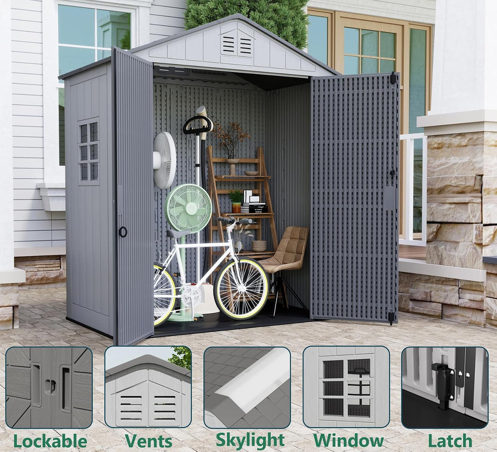 ZZM Outdoor Storage Shed 6x4 Ft, All-Weather Resistant Resin Garden Sheds & Outdoor Storage Clearance with Floor and Windows, Double-Layer Plastic Tool Shed for Backyard, Patio & Lawn (Gray)