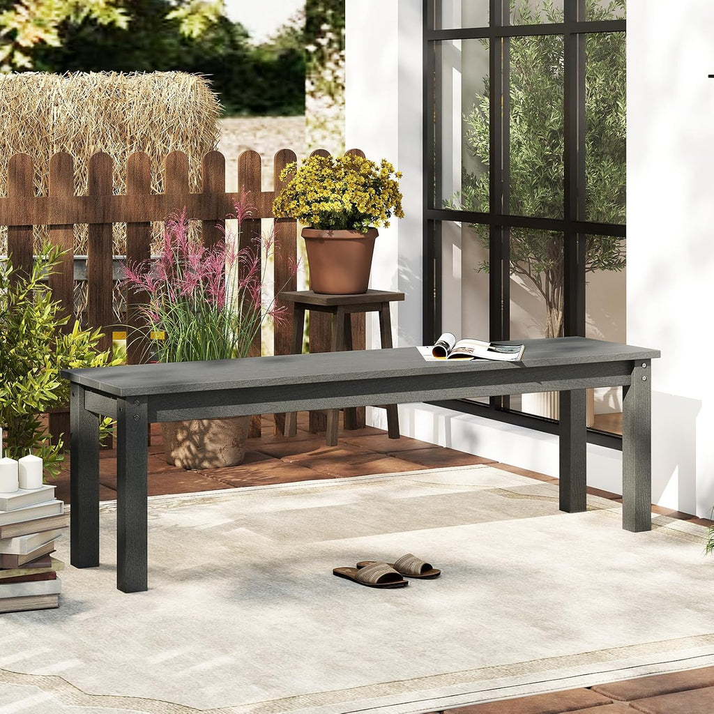 Tangkula HDPE Outdoor Bench, 2-3 Person Patio Bench, 55' Backless Garden Dining Bench with Slatted Seat, Weatherproof Park Bench for Entryway, Porch, Lawn & Backyard (Grey,2)