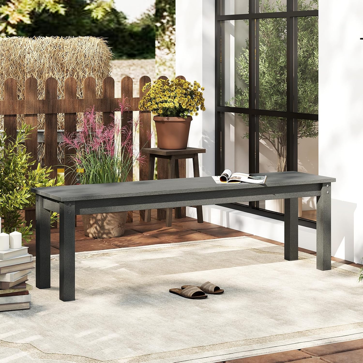 Tangkula HDPE Outdoor Bench, 2-3 Person Patio Bench, 55' Backless Garden Dining Bench with Slatted Seat, Weatherproof Park Bench for Entryway, Porch, Lawn & Backyard (Grey,1)