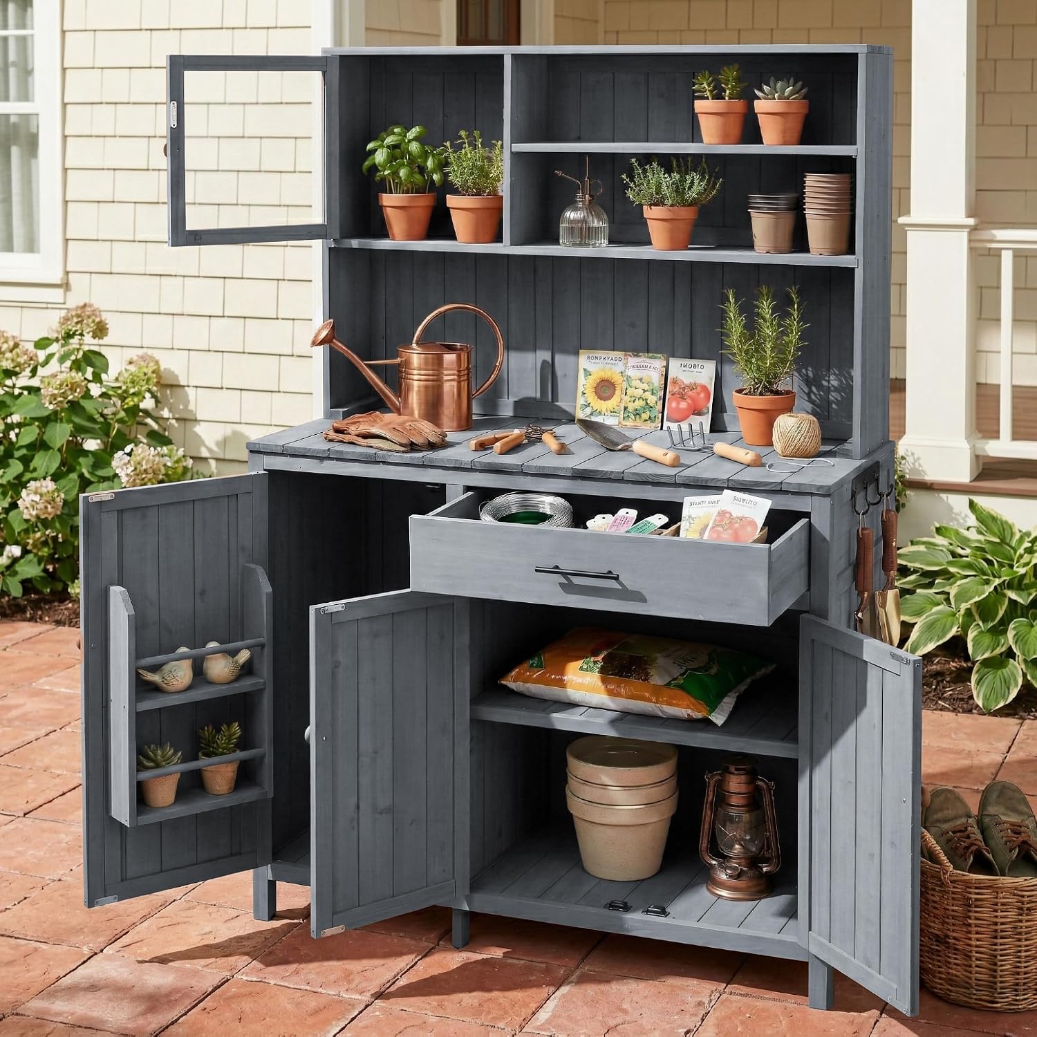 65' H Potting Bench with Hutch, Solid Fir Wood Patio Kitchen Island with Adjustable Shelves, 2-Tier Inner Spice Rack in Door, Side Hook and Drawer, Large Countertop, Magnetic Stoppers (Gray-115)