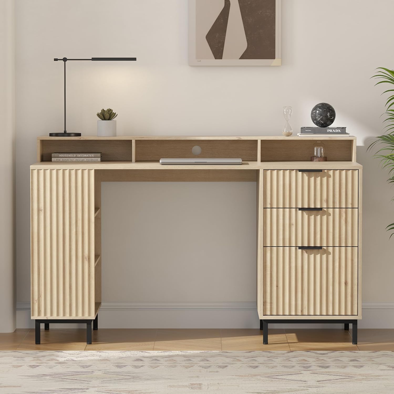 EYYTHUNG 55' Fluted Executive Desk with Charging Station, Modern Wood Home Office Desk with with Storage Shelf & File Drawer, Writing Study Computer Table for Work Study, Light Oak