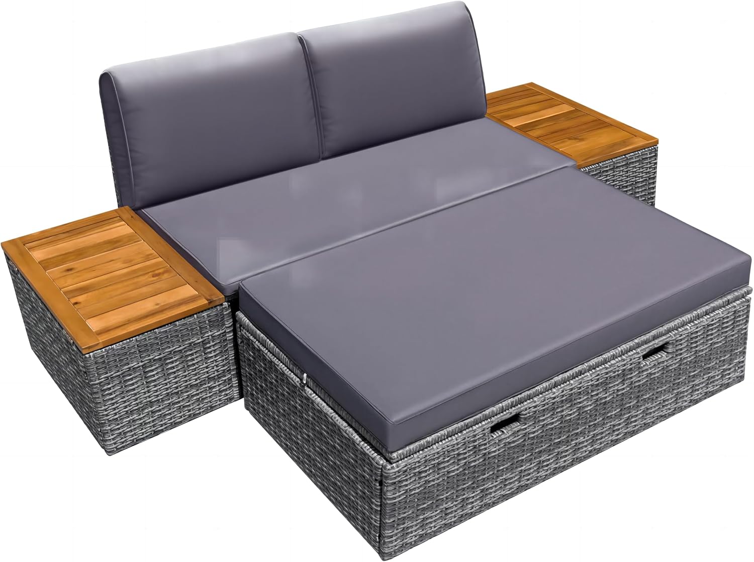Greesum Outdoor Daybed Set Multifunctional Wicker Lounge Bed Furniture with Two Side Tables, Cushions, Storage Bench for Porch Lawn Patio Beach, OneSize, Gray