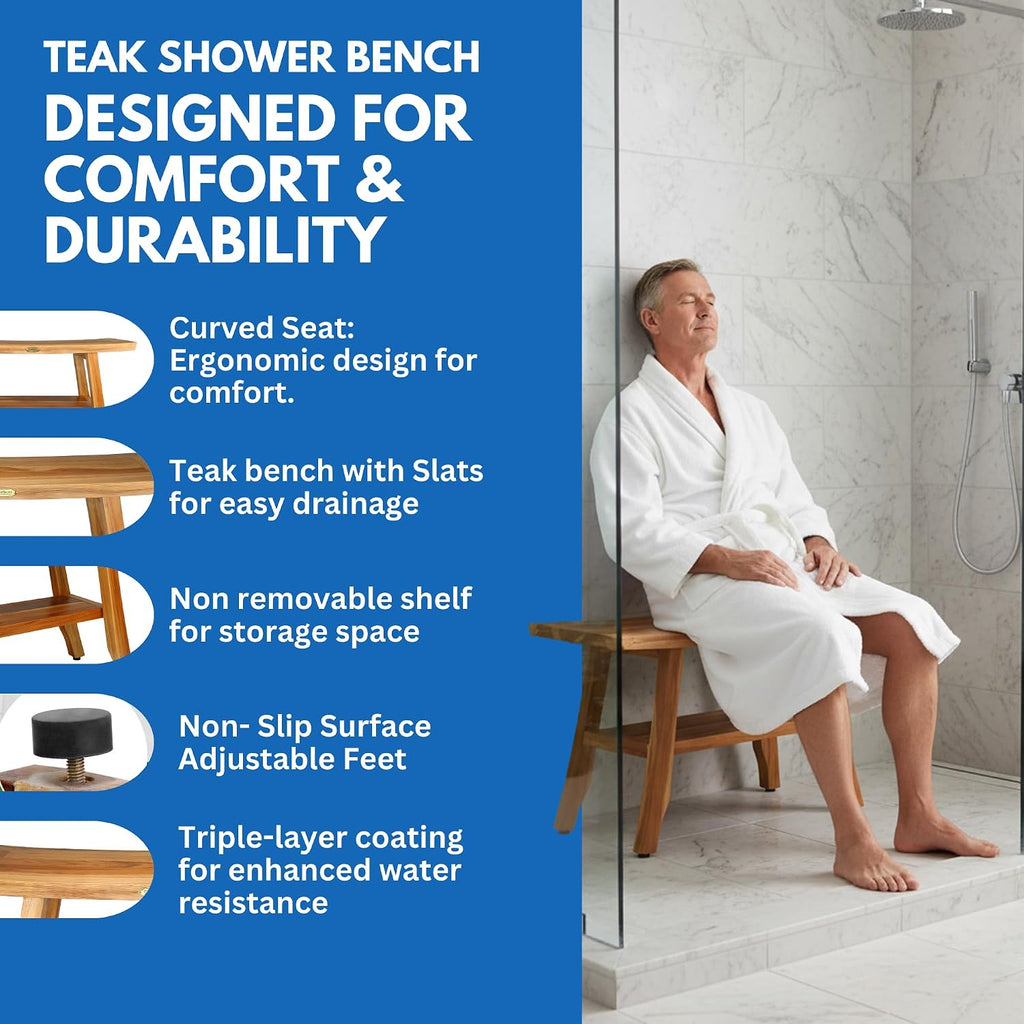 EcoDecors 28' Satori Teak Shower Bench –Bath Seat, Natural Wood Finish Water-Resistant Spa Bench | Slatted Design & Adjustable Feet for Indoor Outdoor Use | Sturdy & Safe