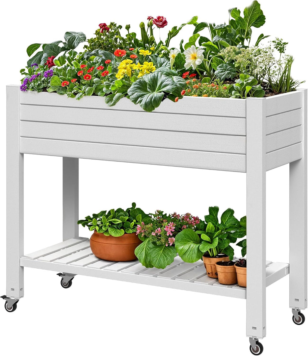 DWVO Raised Garden Bed Kit, 3.6 x 1.5 x 2.8 FT Outdoor Plastic Planter Box with Wheels and Legs, Garden Box with Drain Plug & Storage Shelf for Planting Vegetables, Flowers, and Herbs, Grayish-White