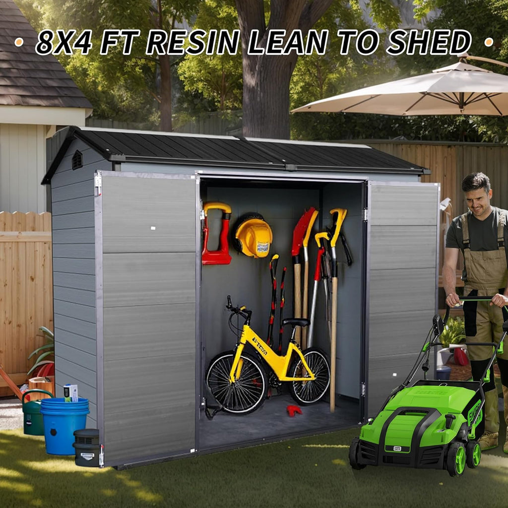 8x4FT Resin Storage Shed with Floor, Storage Shed with Floor Included, 2 Windows and Lockable Door Sheds for Garden Tools, Bike