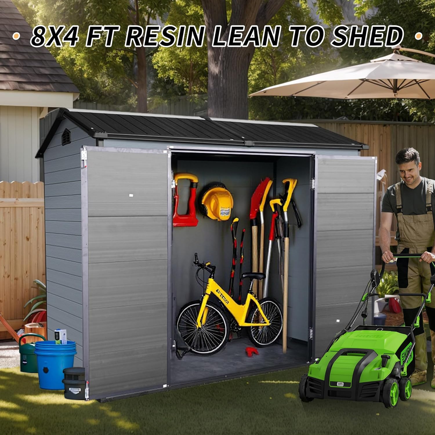 8x4FT Resin Storage Shed with Floor, Storage Shed with Floor Included, 2 Windows and Lockable Door Sheds for Garden Tools, Bike