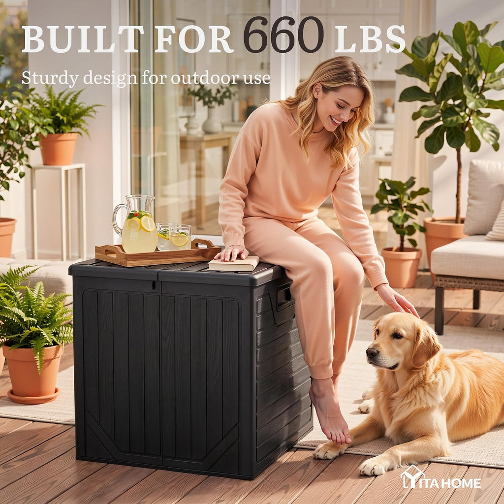 YITAHOME 150 Gallon Large Outdoor Storage Box w/Double Wall, Waterproof Deck Box with Hydraulic Piston for Garden Tools, Pool Accessories & Cushions, Resin Deck Organizer with Bench Seat(Black)