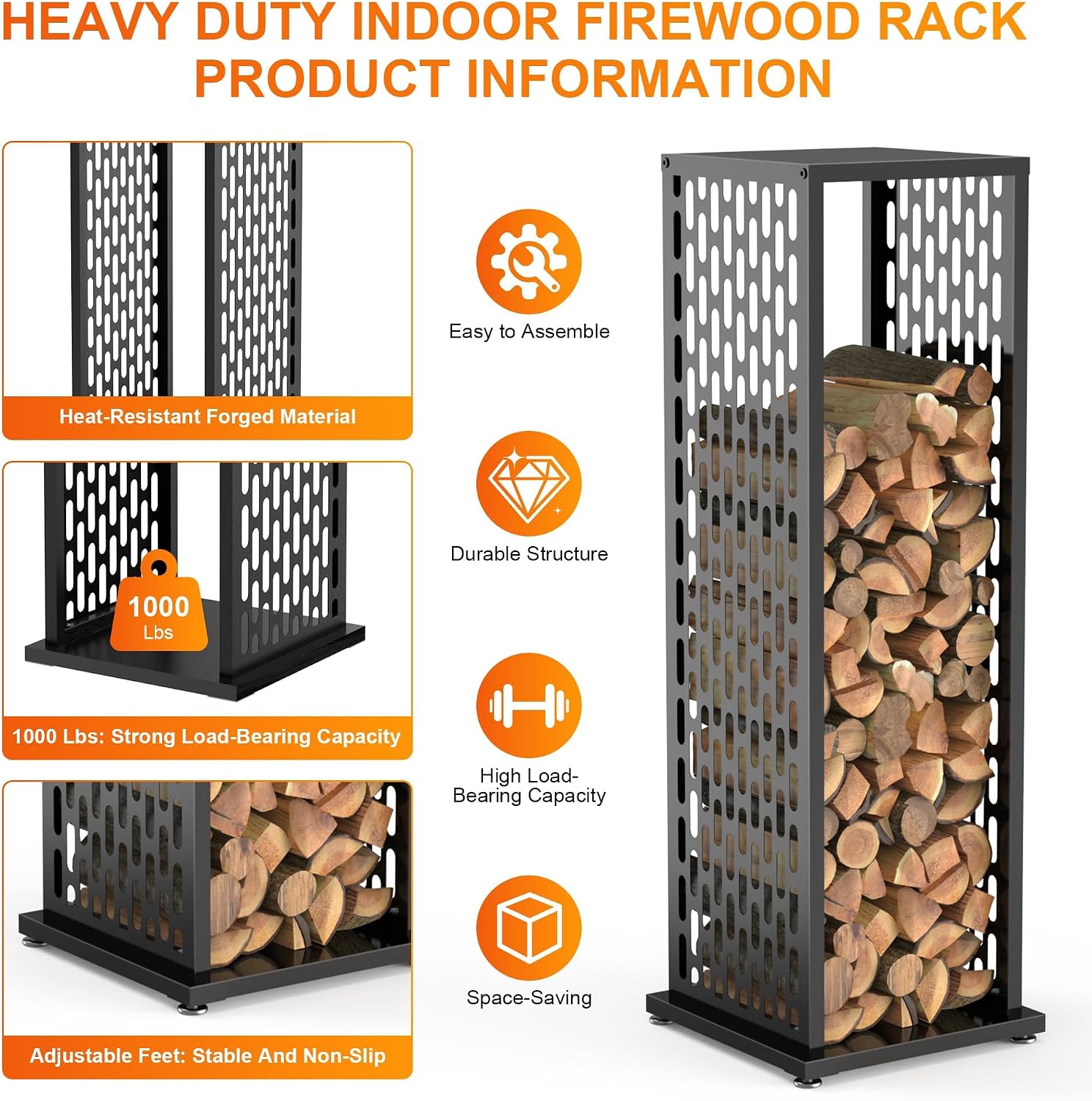 4ft Firewood Rack, Wood Stacker Firewood Outdoor, Black Metal, 1000 lbs Capacity, Indoor Decorative Wood Holder for Woodshed, Storeroom, Patio, Basement (Ellipticalhole)