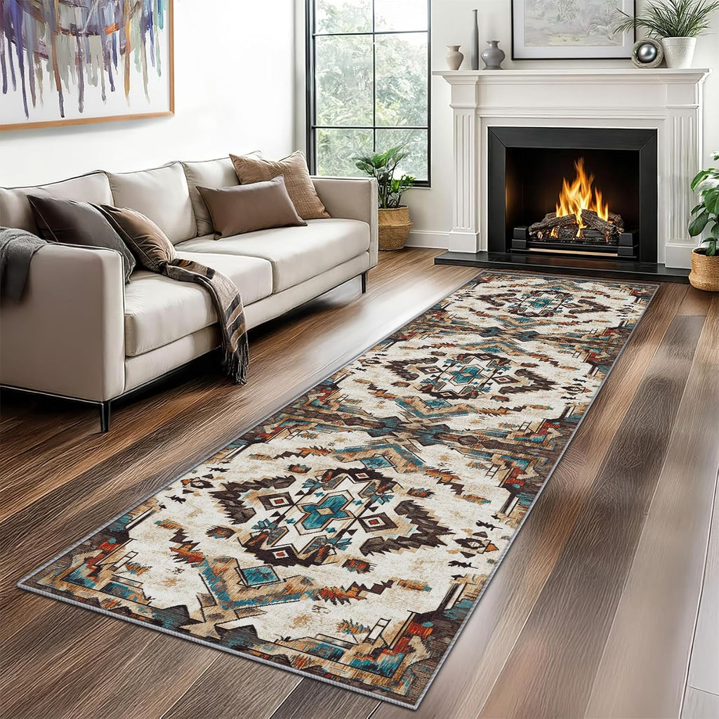Southwest Rug Runner 4x8 - Washable Non Slip Runner Rug for Hallway - Aztec Tribal Native American Kitchen Rugs - Indian Navajo Carpet Runners for Hallway, Laundry Room, Bedroom, Bathroom