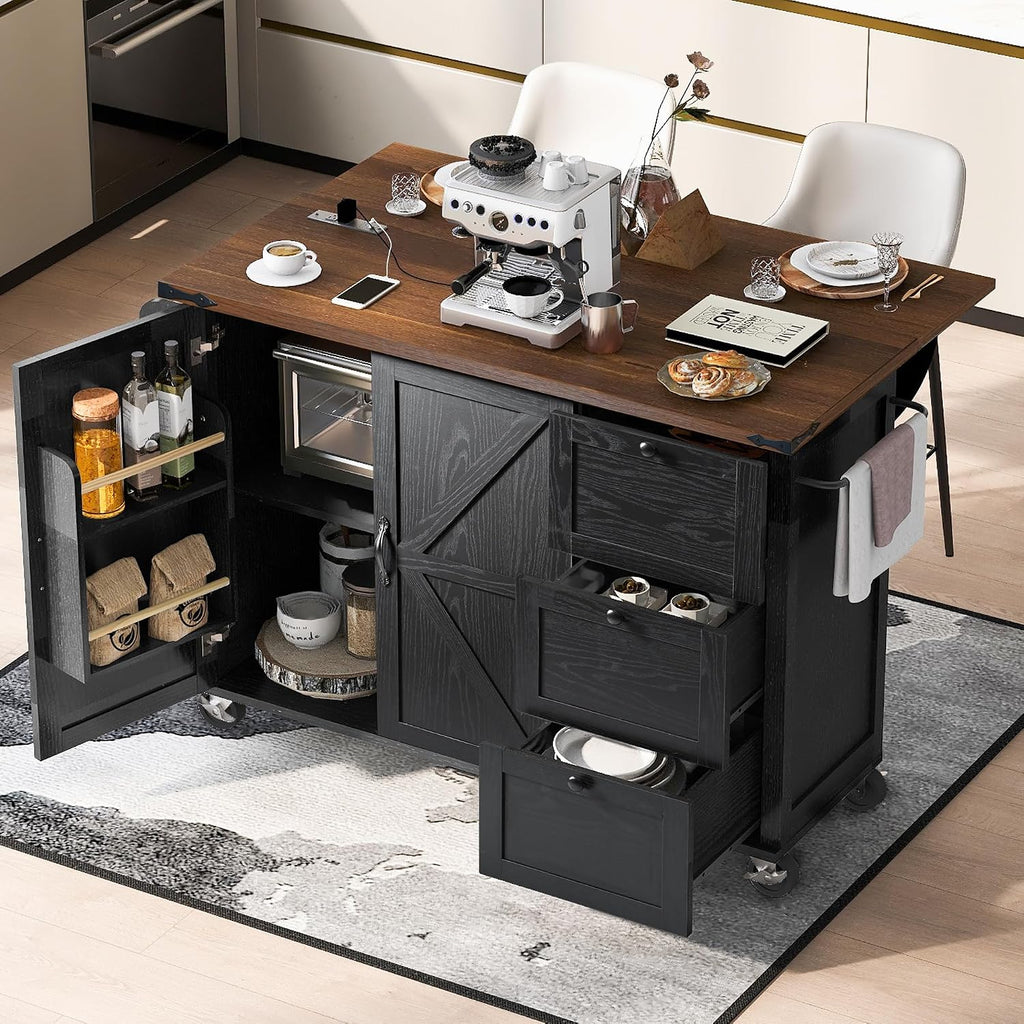 54.5' Farmhouse Kitchen Island with Power Outlet, Kitchen Storage Island with Internal Storage Rack, Drop Leaf, Spice Rack, Rolling Kitchen Cart on Wheels, for Home, Living Room and Dining Room,Black
