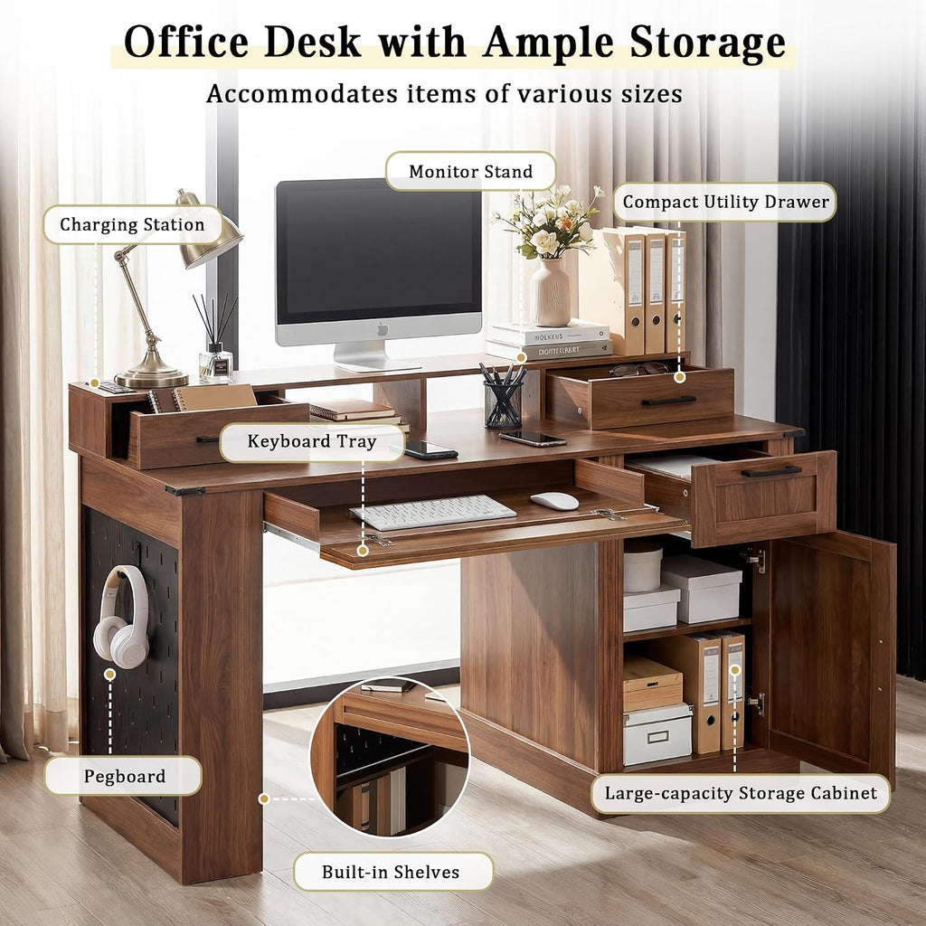 55' Farmhouse Office Desk with Storage Cabinet & Drawers, Computer Writing Desk with Power Outlet, Monitor Stand & Pegboard, Built-in Shelves and Keyboard Tray for Study, Home Office (Walnut)