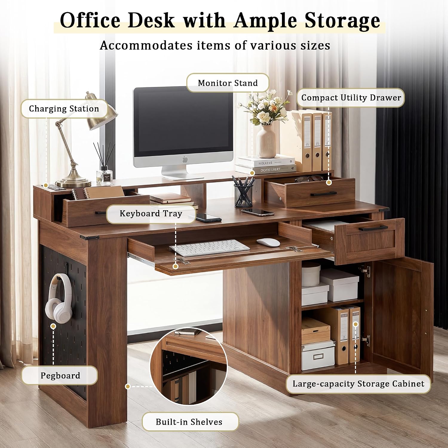 55' Farmhouse Office Desk with Storage Cabinet & Drawers, Computer Writing Desk with Power Outlet, Monitor Stand & Pegboard, Built-in Shelves and Keyboard Tray for Study, Home Office (Walnut)