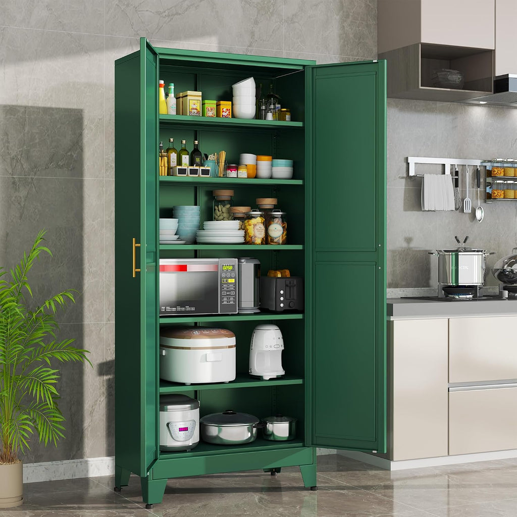 Green Metal Storage Cabinet,75' Steel Cabinets for Home Office, Kitchen Pantry Storage Cabinet with Doors and 5 Adjustable Shelves, Tool Cabinets, for Office, Home, Garage, School