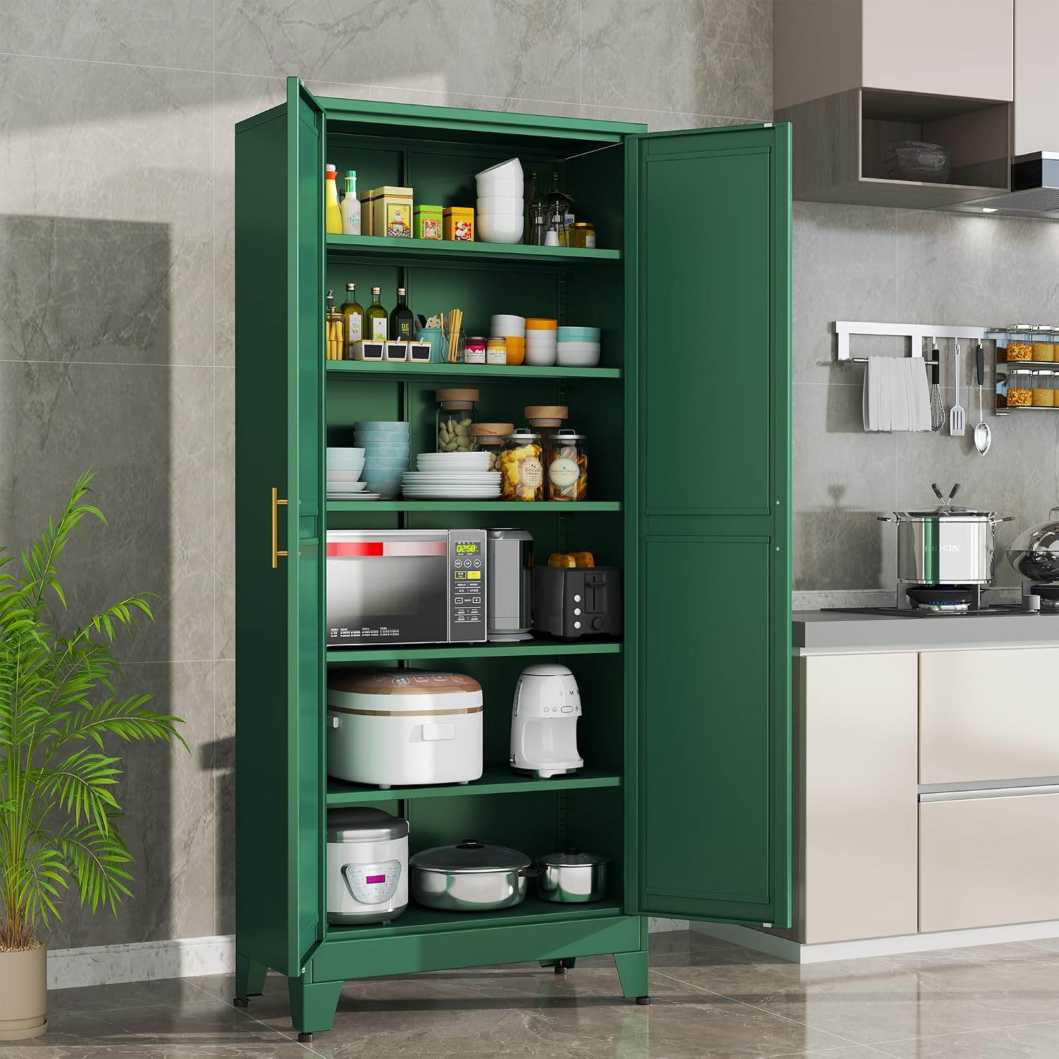 Green Metal Storage Cabinet,75' Steel Cabinets for Home Office, Kitchen Pantry Storage Cabinet with Doors and 5 Adjustable Shelves, Tool Cabinets, for Office, Home, Garage, School