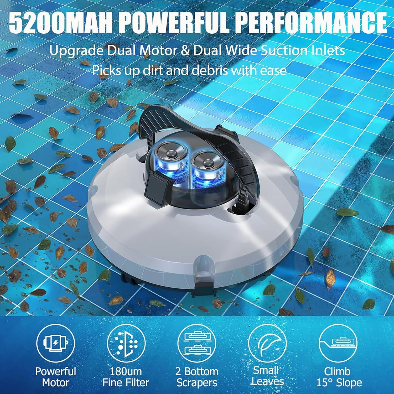 Cordless Robotic Pool Cleaner, Pool Vacuum for Above Ground Pool Come, 120 Mins Running Time, Self-Parking, Pool Vacuum Inground Pools, Lightweight Pool Robot,220V