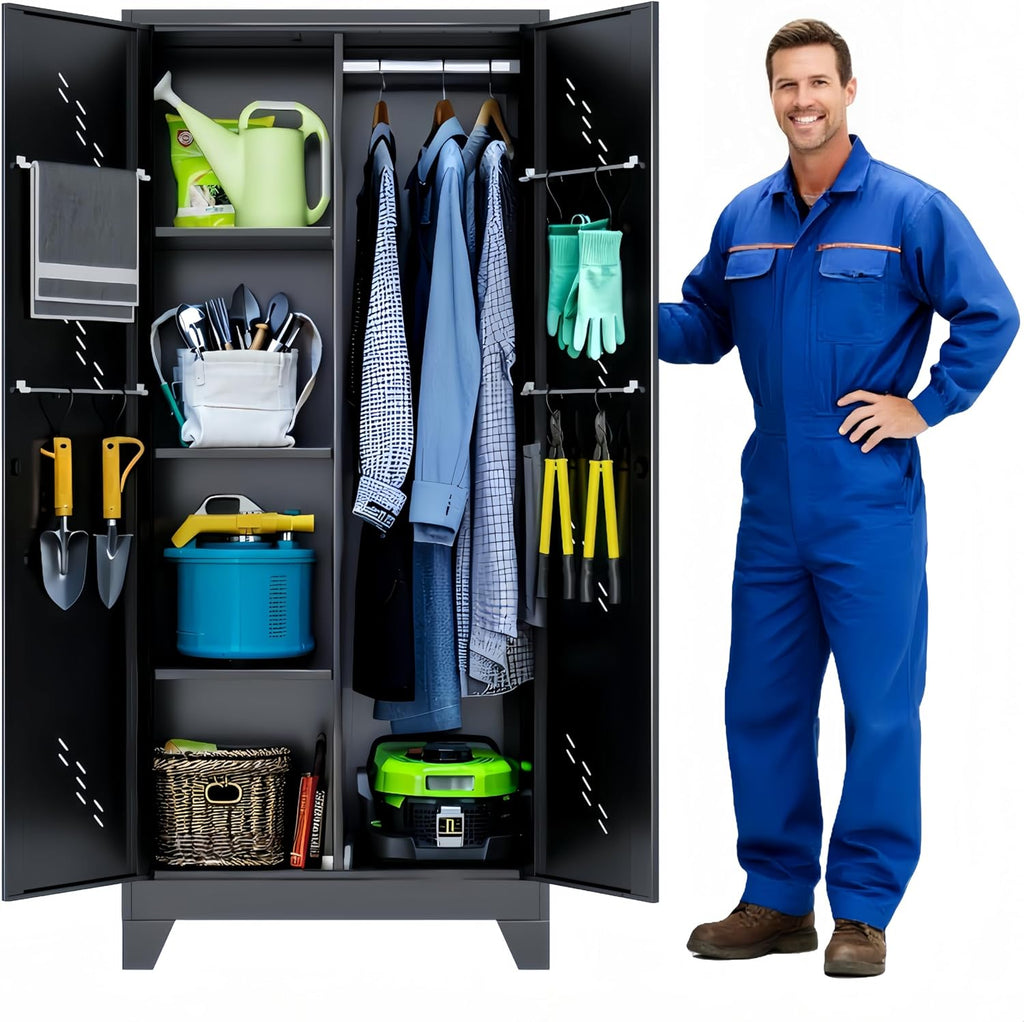 71' Outdoor Storage Cabinet – Heavy-Duty Lockable Metal Shed with Ventilated Doors, Perforated Stainless-Steel Bottom, Hanging Rod & Hooks, Easy Assembly