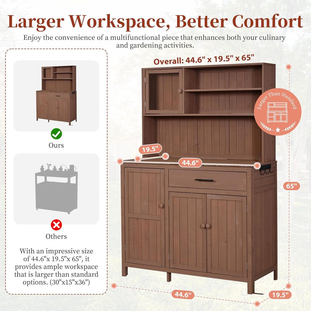 65' H Potting Bench with Hutch, Solid Fir Wood Patio Kitchen Island with Adjustable Shelves, 2-Tier Inner Spice Rack in Door, Side Hook and Drawer, Large Countertop, Magnetic Stoppers (Brown-115)
